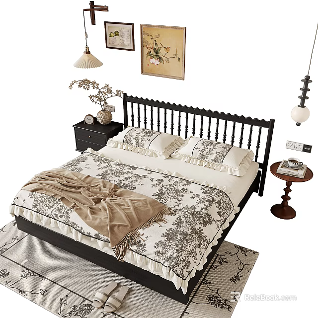 Cozy Double Bed With Floral Quilt Pillows Wooden Headboard And Side Nightstand Decor 3d model 
