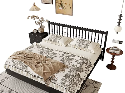 Cozy Double Bed With Floral Quilt Pillows Wooden Headboard And Side Nightstand Decor 3d model