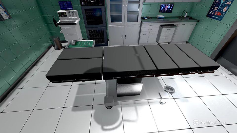Surgical Operating Room Featuring Black Operating Table Medical Equipment Green Walls And White Cabinets 3d model 