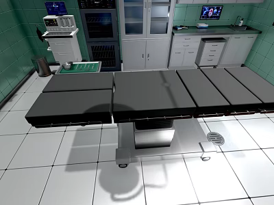 Surgical Operating Room Featuring Black Operating Table Medical Equipment Green Walls And White Cabinets 3d model