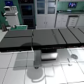 Surgical Operating Room Featuring Black Operating Table Medical Equipment Green Walls And White Cabinets
