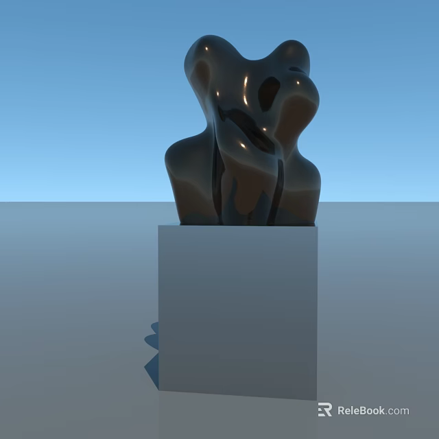 Plaza Landscape Featuring Black Abstract Sculpture On Gray Pedestal With Blue Sky 3d model 