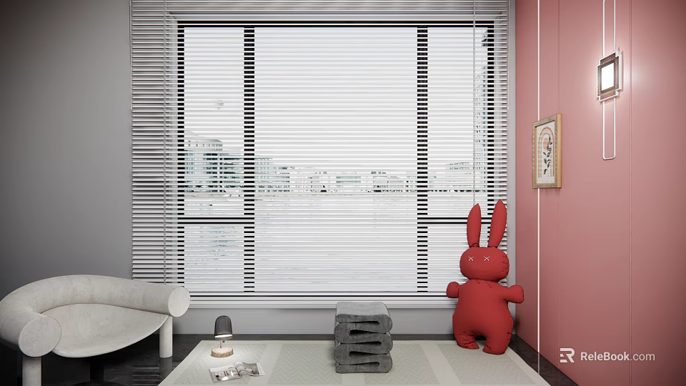 White Window Blinds In Living Room With City View And Red Rabbit Decor 3d model 