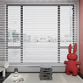 White Window Blinds In Living Room With City View And Red Rabbit Decor