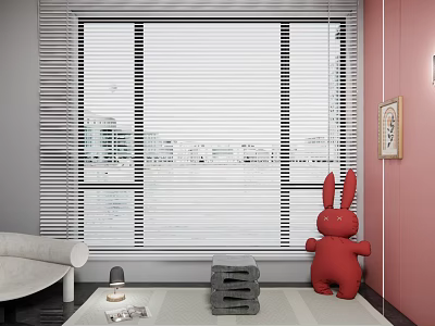 White Window Blinds In Living Room With City View And Red Rabbit Decor 3d model