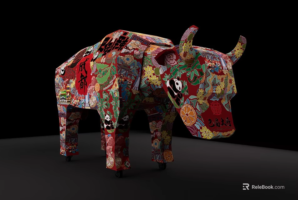 Colorful Decorative Cow Sculpture With Panda Floral And Chinese Patterns 3d model 