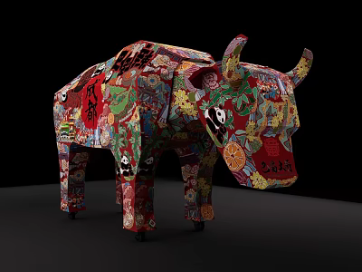Colorful Decorative Cow Sculpture With Panda Floral And Chinese Patterns 3d model