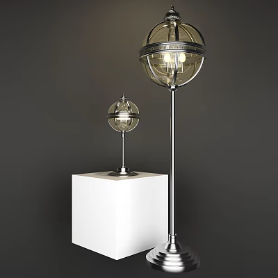 Modern Spherical Lamp Combination With Floor And Table Lamps On White Pedestal 3d model