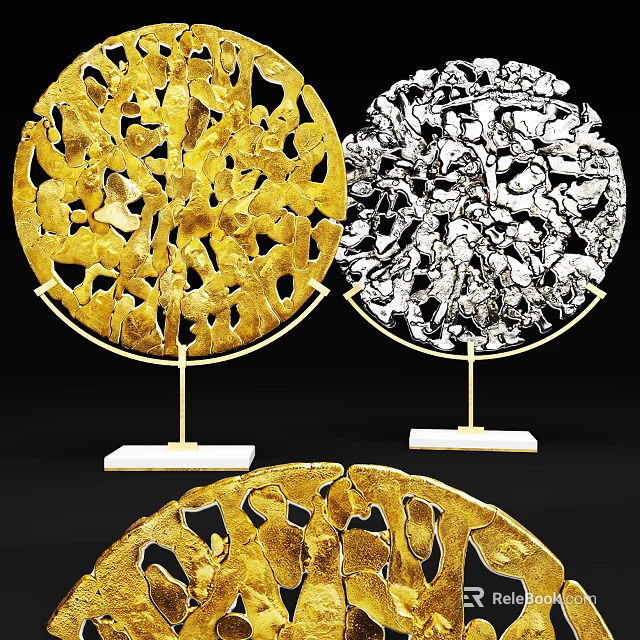 Gold And Silver Round Decorative Ornament Set With Marble Base And Gold Stand 3d model 