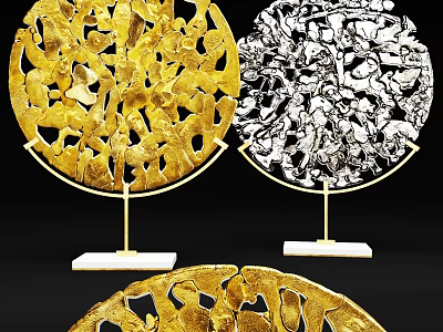 Gold And Silver Round Decorative Ornament Set With Marble Base And Gold Stand 3d model
