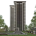 Modern Tall Residential Building Exterior Design With Windows Balconies And Trees Around