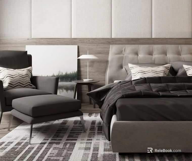 Double Bed With Tufted Headboard Grey Bedspread Geometric Pillows Armchair Ottoman Nightstand Table Lamp 3d model 