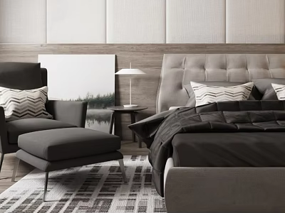 Double Bed With Tufted Headboard Grey Bedspread Geometric Pillows Armchair Ottoman Nightstand Table Lamp 3d model