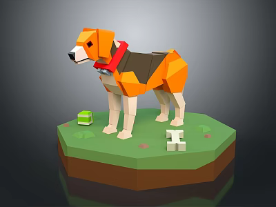 Low Poly Dog Model With Red Collar On Green Platform And Small Toys 3d model