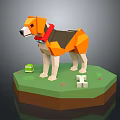 Low Poly Dog Model With Red Collar On Green Platform And Small Toys