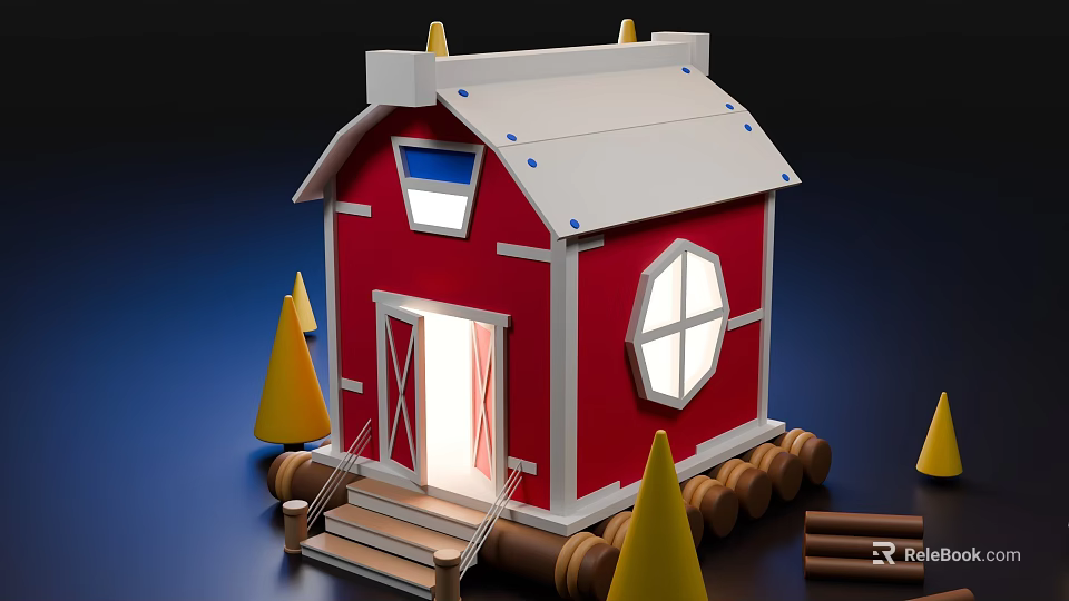 Red Wooden House With White Roof Octagonal Window Steps And Wooden Logs 3d model 