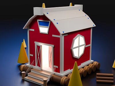 Red Wooden House With White Roof Octagonal Window Steps And Wooden Logs 3d model