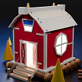Red Wooden House With White Roof Octagonal Window Steps And Wooden Logs