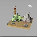 Low Poly Scenic Model With Tower Mountain Boat Trees And Clouds 3d model