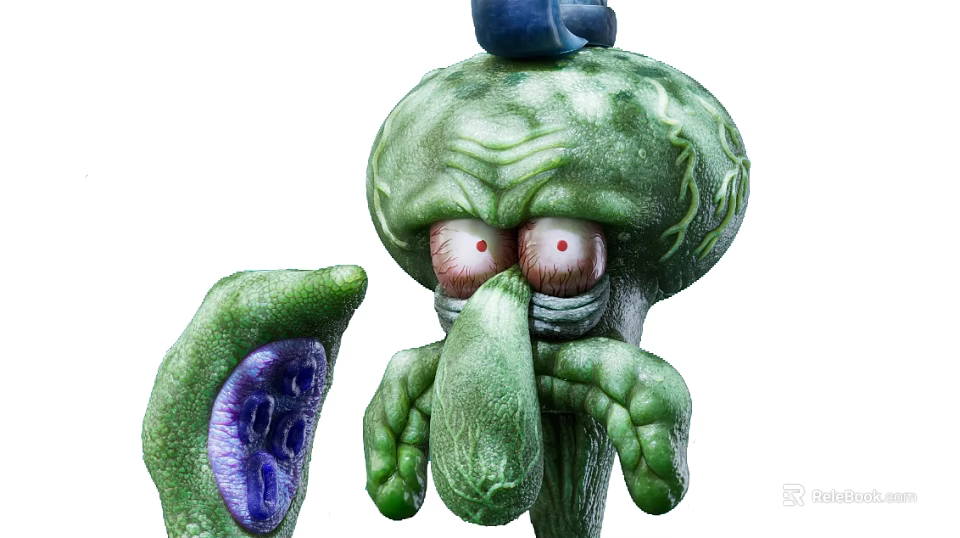 Green Tentacled Game Movie Character with Large Eyes and Purple Details 3d model 