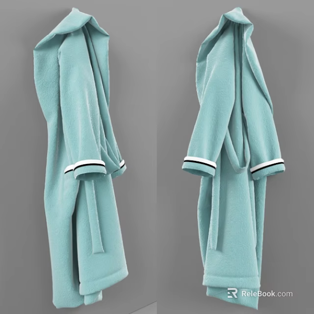 Light Green Bathrobe Featuring Black And White Striped Cuffs Hanging Neatly 3d model 