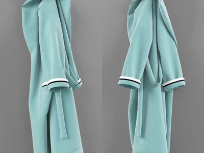 Light Green Bathrobe Featuring Black And White Striped Cuffs Hanging Neatly 3d model