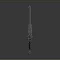 Intricate Metallic Sword With Ornate Design And Brown Leather Wrapped Hilt