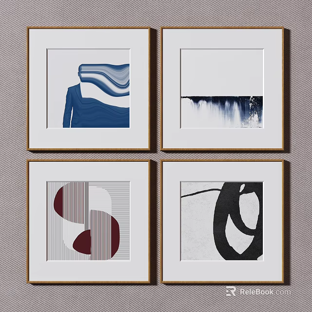 Abstract Framed Wall Art Set With Modern Blue Red Black Geometric Designs 3d model