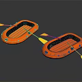 Two Orange Inflatable Boats With Yellow Paddles On Dark Surface 3d model