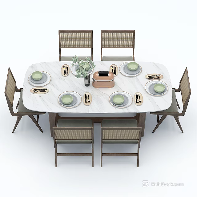 Modern Dining Table Set With Marble Top Six Chairs Plates Utensils Green Plant 3d model 