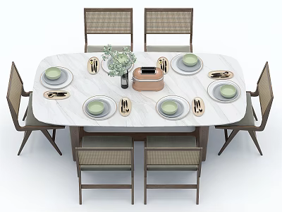 Modern Dining Table Set With Marble Top Six Chairs Plates Utensils Green Plant 3d model