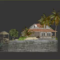 Cartoon Scene Featuring Tropical Island With Sandy Beach Palm Trees and Cozy Cabin
