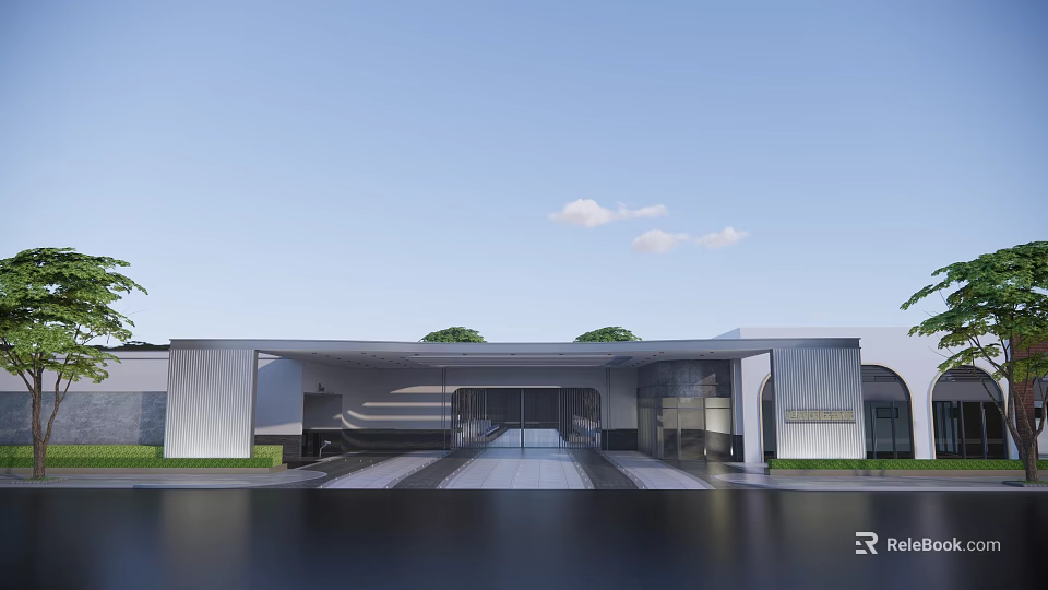 Modern Architectural Entrance Gate Design With Driveway Lawn And Glass Elements 3d model 