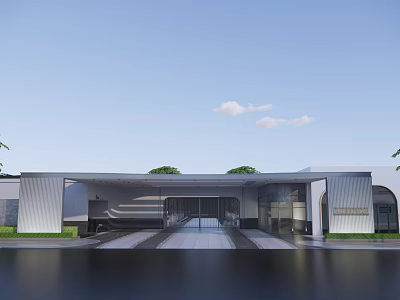 Modern Architectural Entrance Gate Design With Driveway Lawn And Glass Elements 3d model