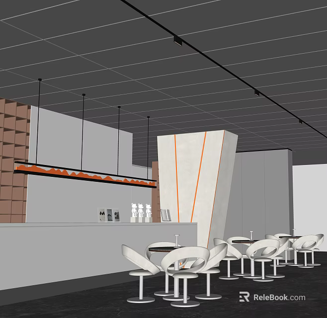 Modern Bar Interior With Geometric Counter Ceiling Design And White Seating Chairs 3d model 