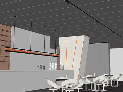 Modern Bar Interior With Geometric Counter Ceiling Design And White Seating Chairs 3d model