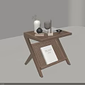 Minimalist Wooden Side Table with X Shaped Legs Grid Top Featuring Vase Candle and Book