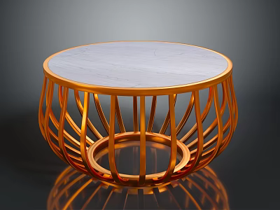 Modern Round Coffee Table With White Marble Top And Gold Radial Curved Base Design 3d model