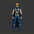 Man Wearing Blue Superhero Costume With Gold Helmet Star Emblem and Cloak