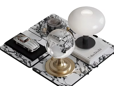 Elegant Decorative Ornament Set with Crystal Globe White Lamp Vintage Car Model on Marble Mat 3d model