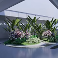 Indoor Garden Landscape View Through Large Glass Windows With Palm Trees And Colorful Plants