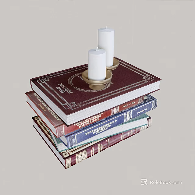 Stack of Books with Red Cover and Gold Candle Holder Featuring White Candles 3d model 