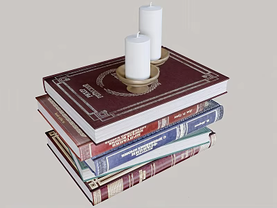 Stack of Books with Red Cover and Gold Candle Holder Featuring White Candles 3d model