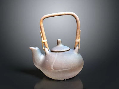 Handcrafted Traditional Clay Teapot with Bamboo Handle on Dark Reflective Surface 3d model