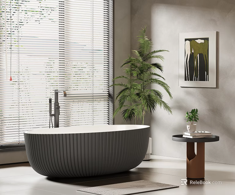 Ribbed Gray Bathtub In Bathroom With Palm Plant Window Blinds Side Table And Framed Painting 3d model 
