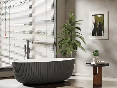 Ribbed Gray Bathtub In Bathroom With Palm Plant Window Blinds Side Table And Framed Painting 3d model