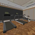 Modern Gym Interior With Treadmills Exercise Bike Wooden Floor And Screens