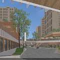 Modern Commercial Street With Open Pedestrian Area Trees And Glass Storefronts