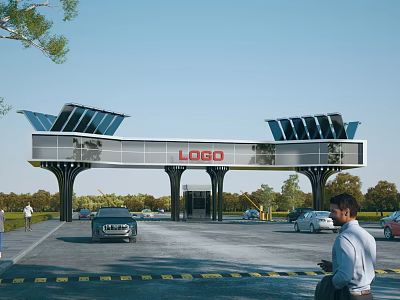 Modern Entrance Gate Design With Solar Panels LOGO Vehicles And People Around 3d model