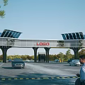Modern Entrance Gate Design With Solar Panels LOGO Vehicles And People Around